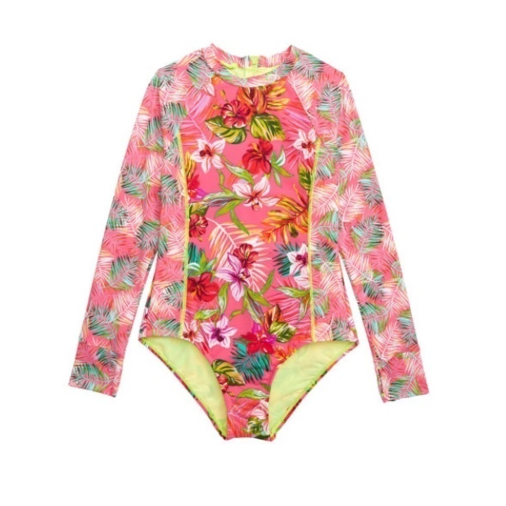 Hobie Girls Flor All Nothing One-Piece Rashguard Swimsuit 8/10 Tropical pink